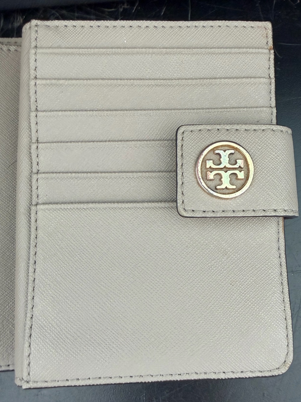 Tory Burch Gray Saffiano Leather Wallet Zip Around Continental Wallet Gold Logo - Picture 4 of 4